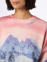 Maglione da donna in misto cashmere Louise con stampa tramonto chalet