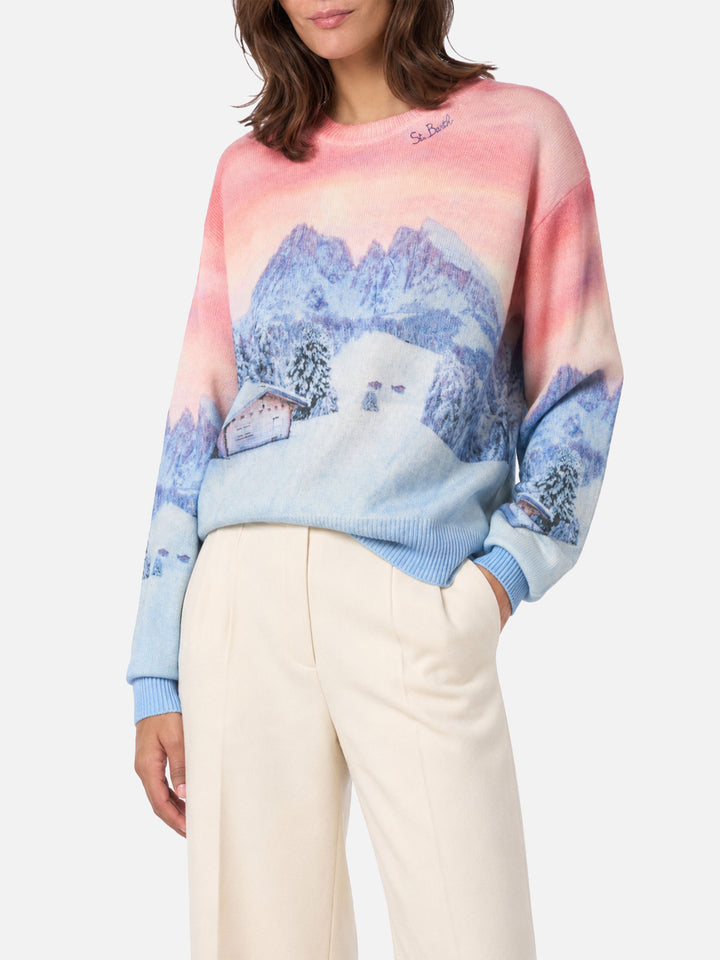 Pull Louise en mélange de cachemire avec imprimé coucher de soleil chalet 