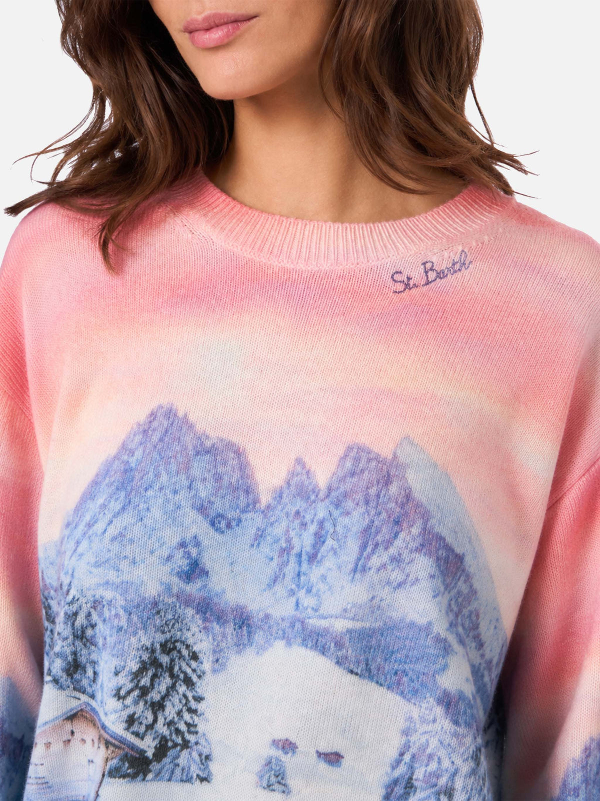 Louise Pullover aus Kaschmir-Mix mit Chalet-Sonnenuntergangsprint 