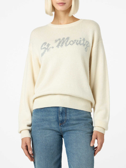 Woman white sweater Louise with St. Moritz rhinestones embellishment | ST. MORITZ TOP OF THE WORLD SPECIAL EDITION - MC2 Saint Barth