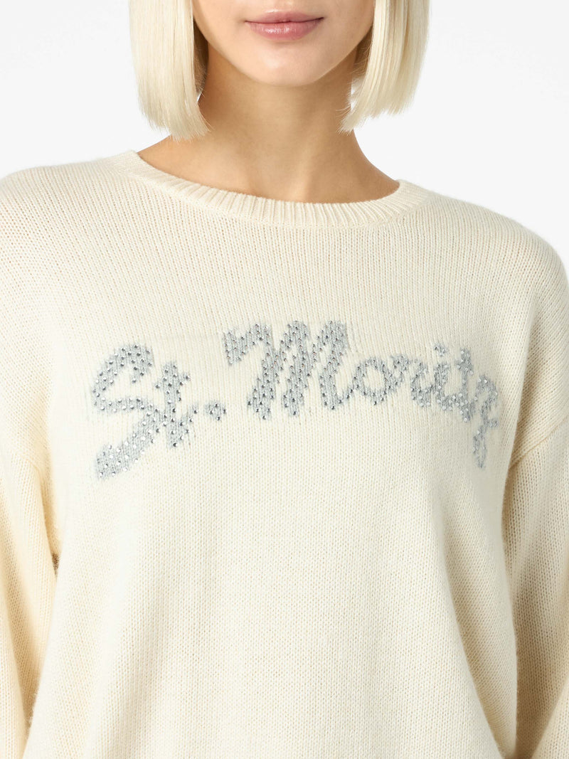 Woman white sweater Louise with St. Moritz rhinestones embellishment | ST. MORITZ TOP OF THE WORLD SPECIAL EDITION