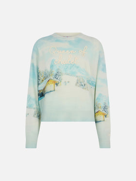 White crewneck Louise Jr with chalet print and Queen of Chalet embroidery