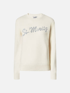 Louise cashmere sweater in white with St. Moritz rhinestone appliqué