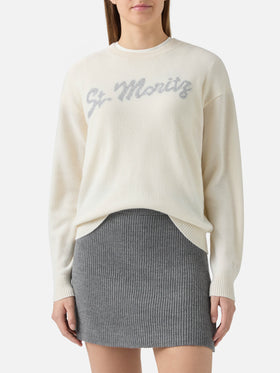 Louise cashmere sweater in white with St. Moritz rhinestone appliqué