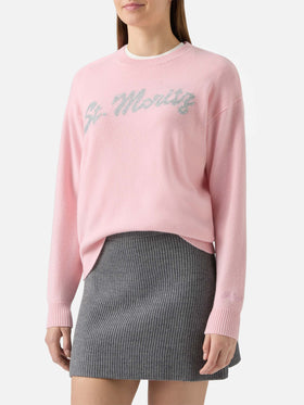 Louise cashmere sweater in pink with St. Moritz rhinestone appliqué