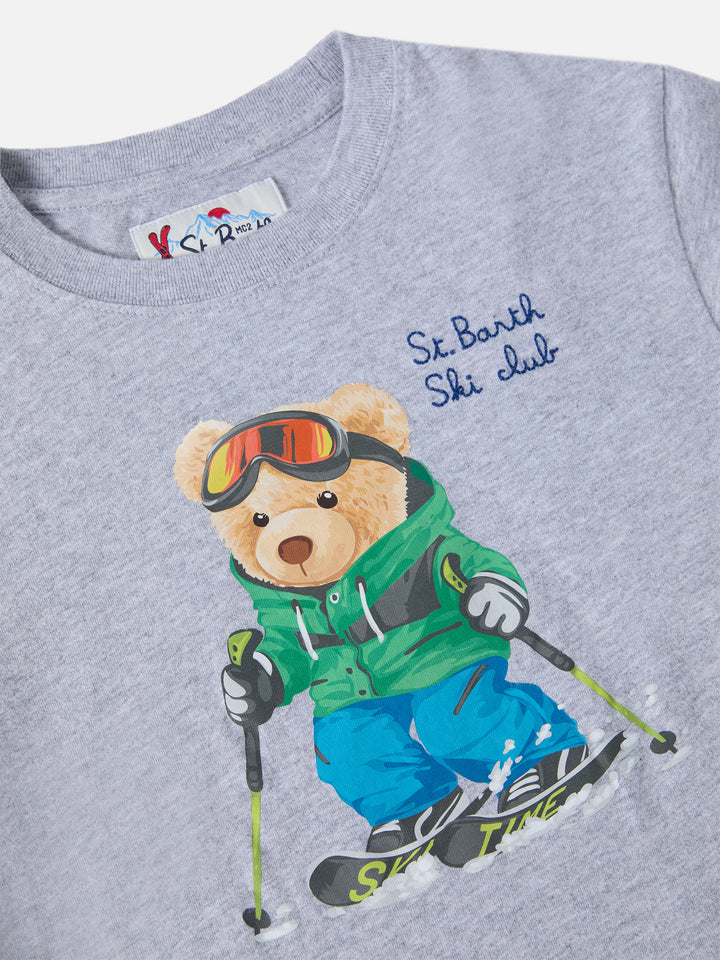 Luton long-sleeve winter cotton T-shirt in grey with St. Barth Ski Club embroidery and bear print