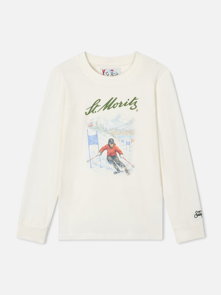 T-shirt Luton bianca a manica lunga in cotone organico con stampa St. Moritz | Special edition