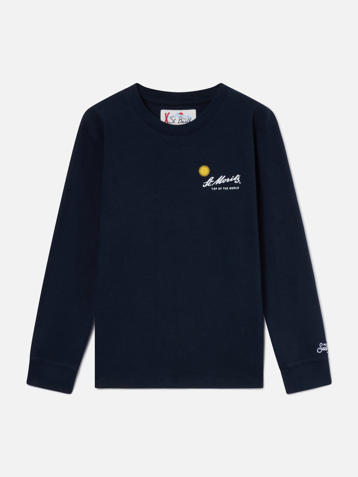 Marineblaues blue Luton Langarm-T-Shirt aus Baumwolle mit St. Moritz Print auf der Rückseite | Special edition 
