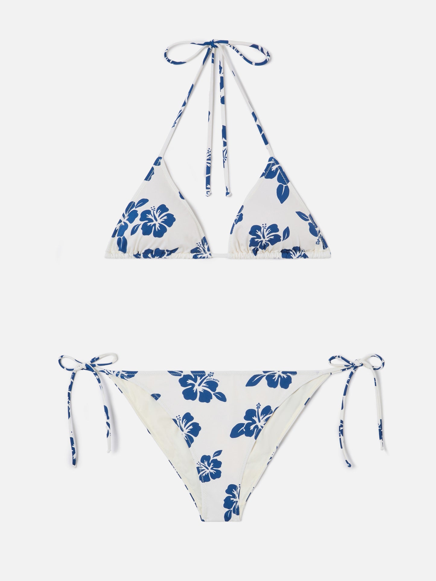 Bikini triangle Levyne en tissu stretch avec imprimé hibiscus bleu 