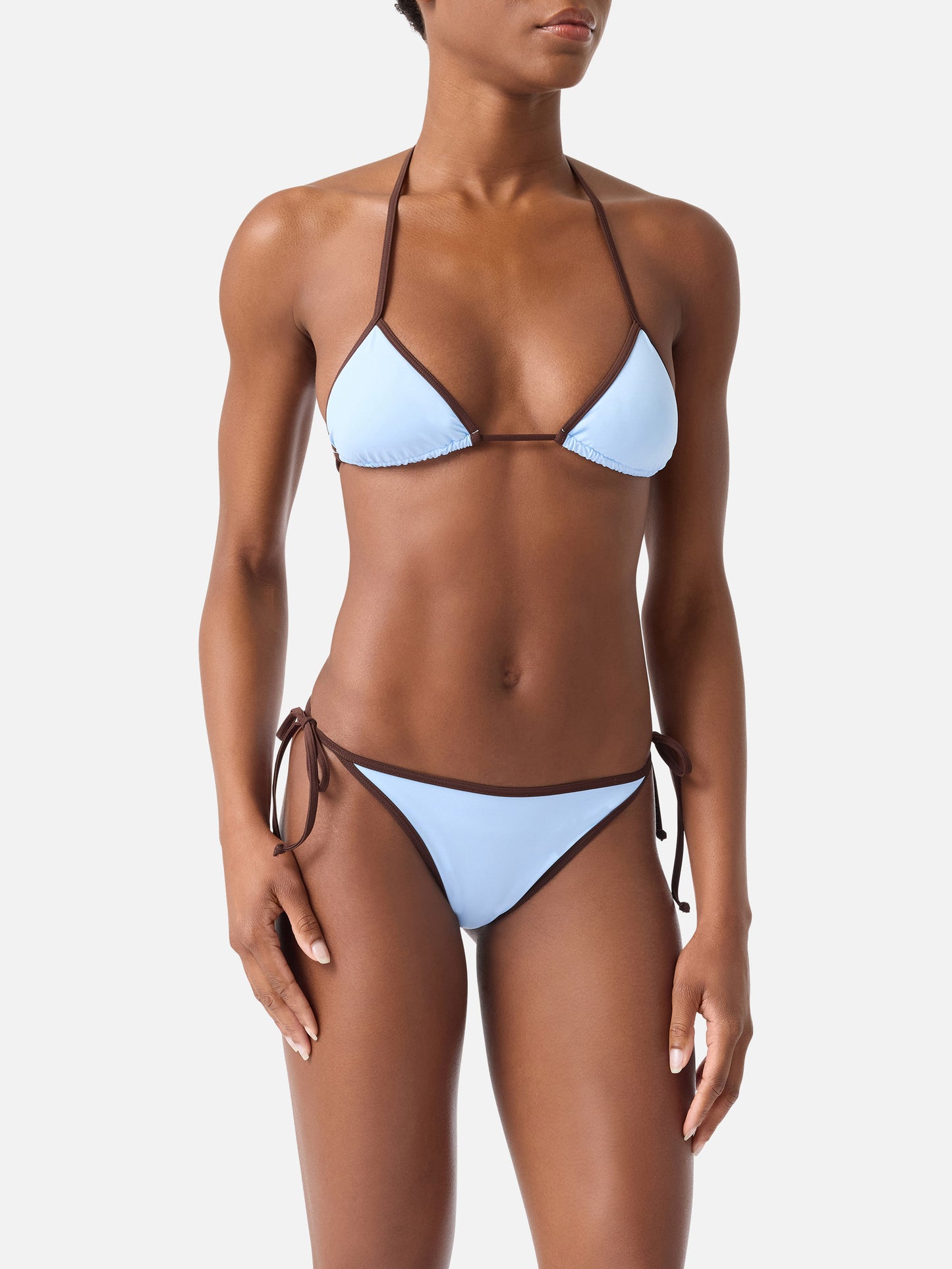 Leah Virgo brown bikini with light blue contrast trims