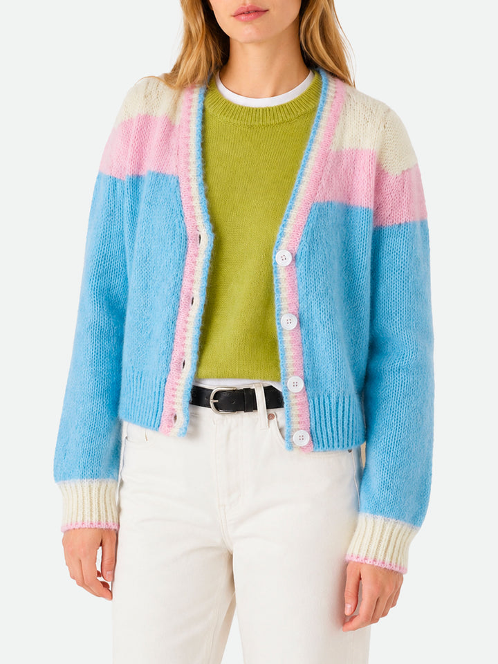 Cardigan crop in maglia garzata con maniche a sbuffo