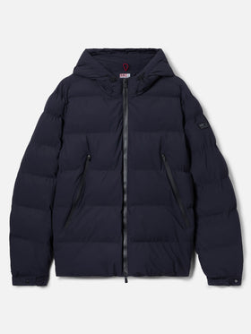 Maier padded hooded jacket in technical fabric in navy blue solid color