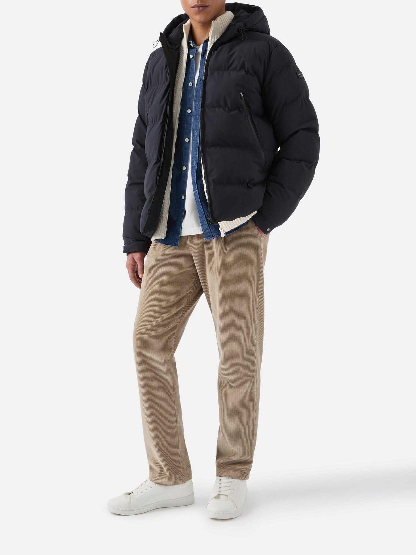 Maier padded hooded jacket in technical fabric in navy blue solid color