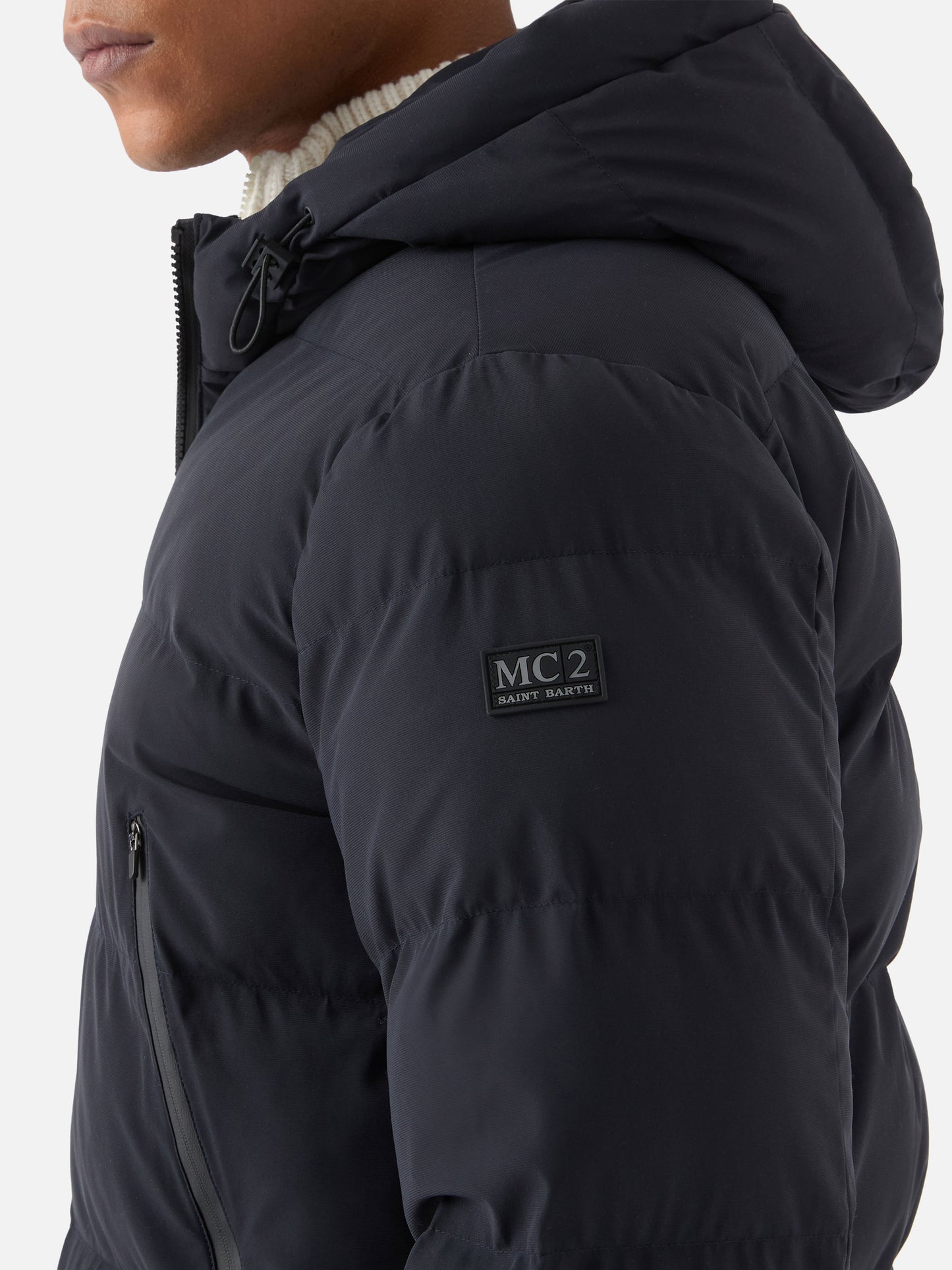 Maier padded hooded jacket in technical fabric in navy blue solid color