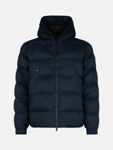 Man navy blue flannel hooded puffer jacket Maier