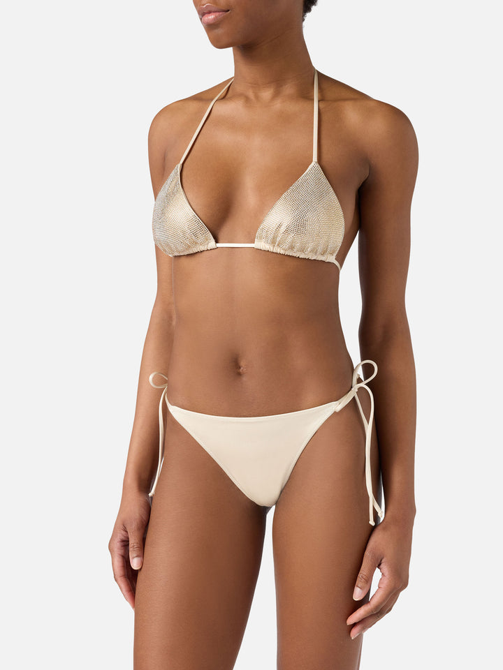 Bikini Maleah triangle in gold glossy-finish fabric with rhinestone embellishments