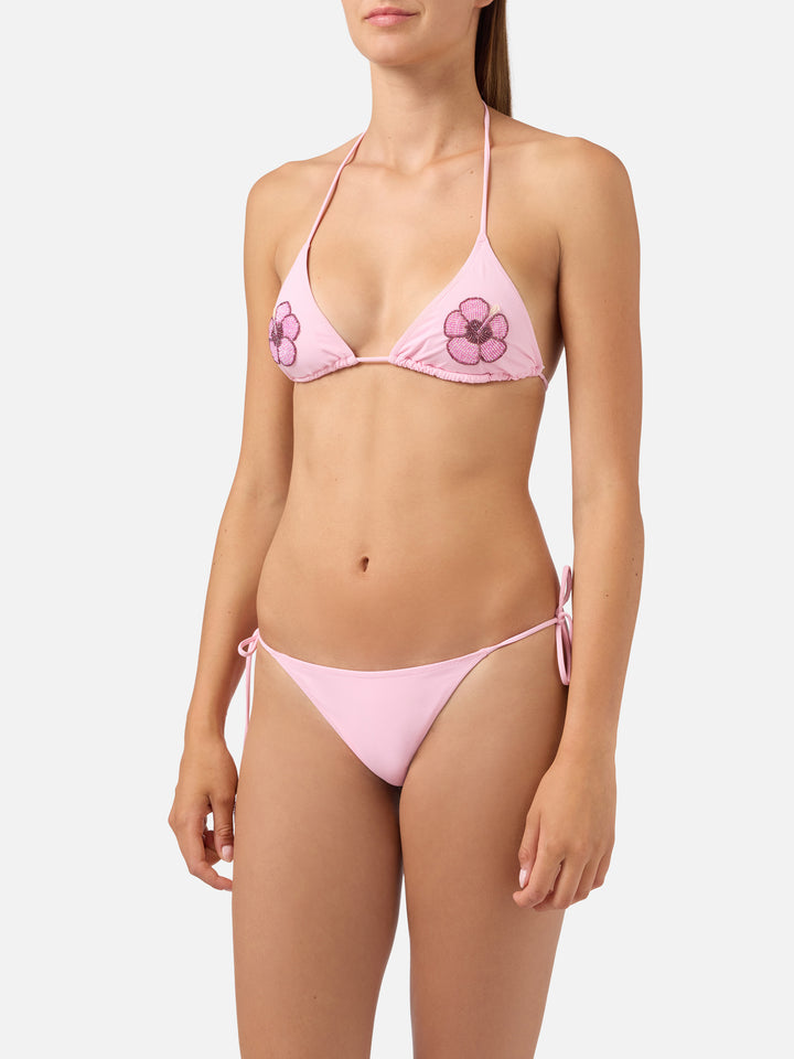 Bikini triangle Maleah rose avec ornements floraux en perles 