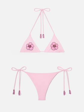 Bikini Maleah de triángulo en rosa con adornos florales de cuentas 
