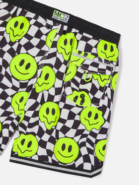Boy long swim shorts with groovy smile pattern