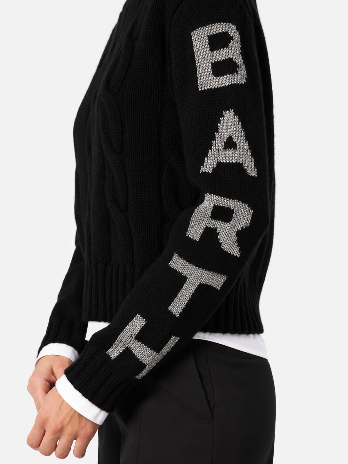 Malmo black cable knit sweater with lurex logo