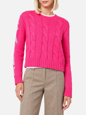 Maglione Malmo intrecciato fucsia fluo con jacquard lurex