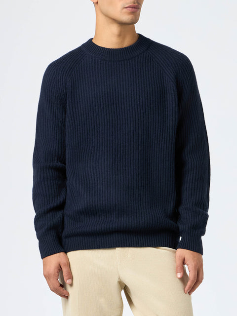 Man navy blue cashmere blend ribbed sweater Marine - MC2 Saint Barth