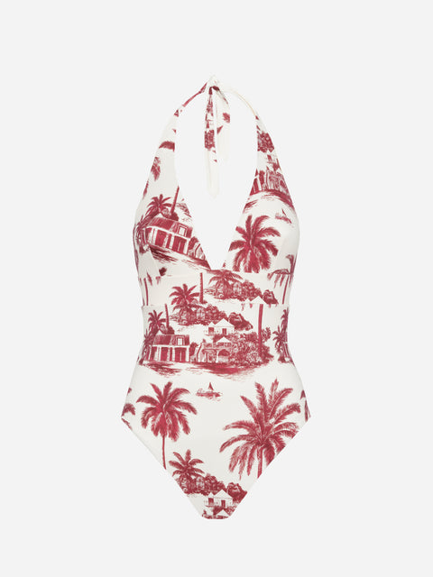 Marylin one-piece swimsuit with toile de jouy print | AI CO-CREATED DESIGN BY RICKDICK - POWERED BY RED-EYE - MC2 Saint Barth