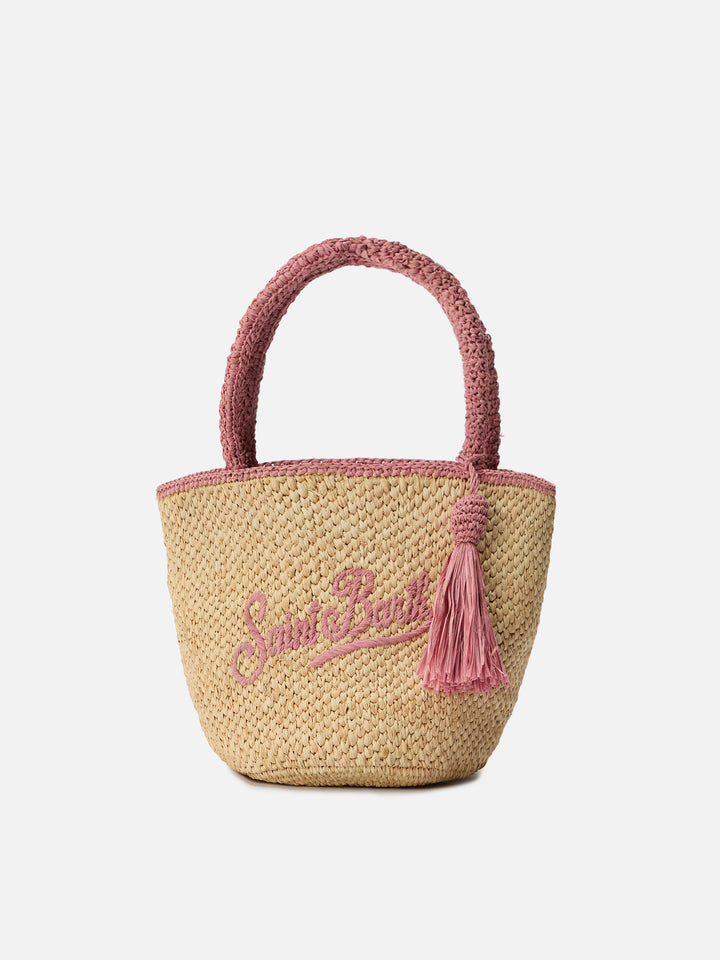 Marcy medium raffia bag with pink details and embroidered logo