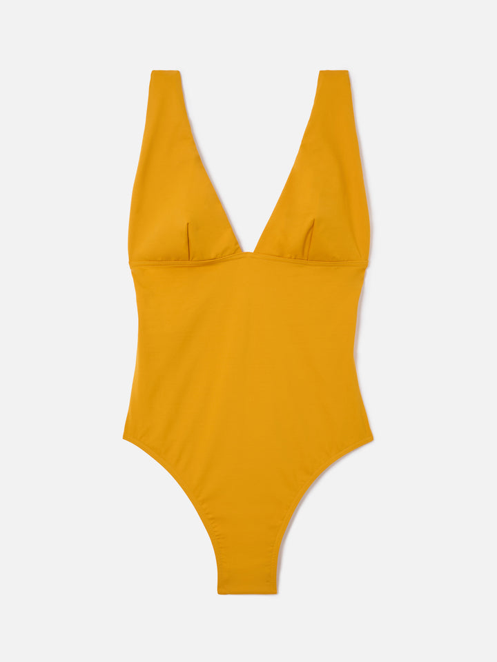 Mavi one-piece swimsuit with deep V neckline in solid ochre