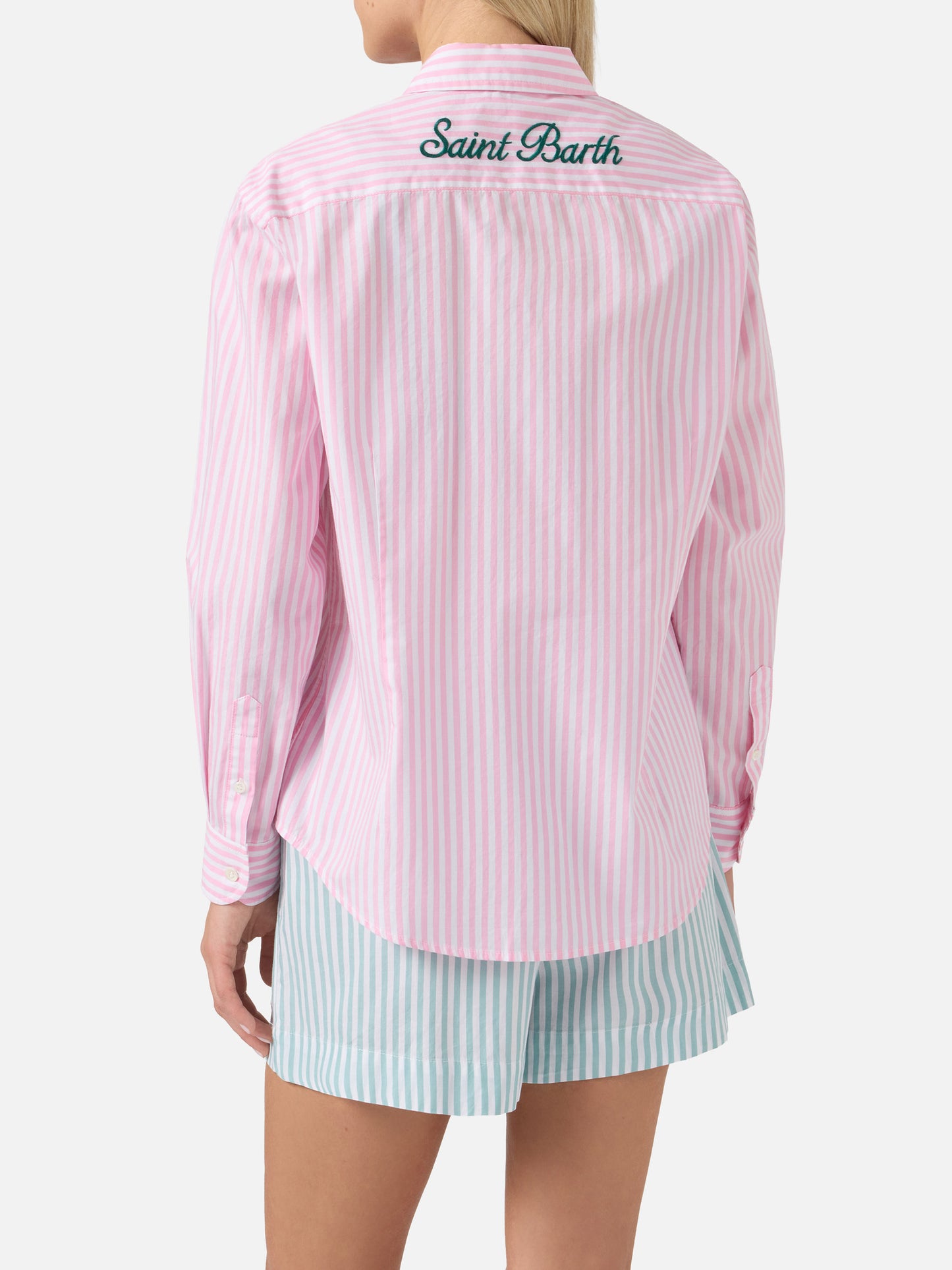 Camicia Meredith in cotone a righe rosa con ricamo Saint Barth