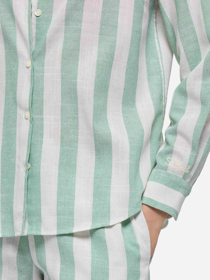 Meredith linen classic shirt with sage green striped print