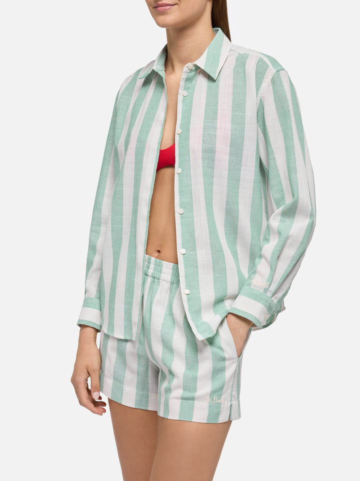 Meredith linen classic shirt with sage green striped print