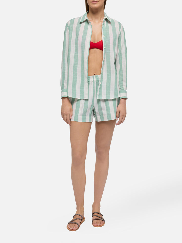 Meredith linen classic shirt with sage green striped print