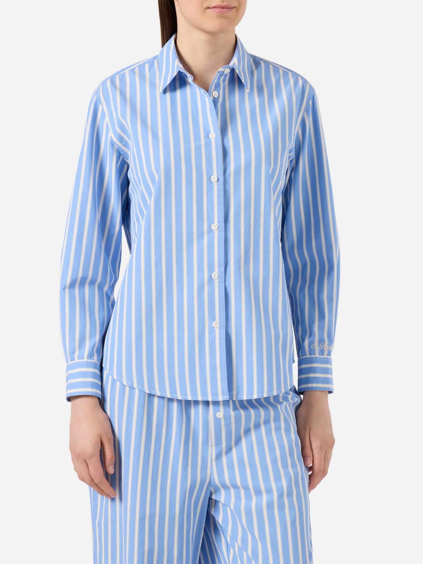 Meredith cotton shirt with light blue stripes and Saint Barth embroidery