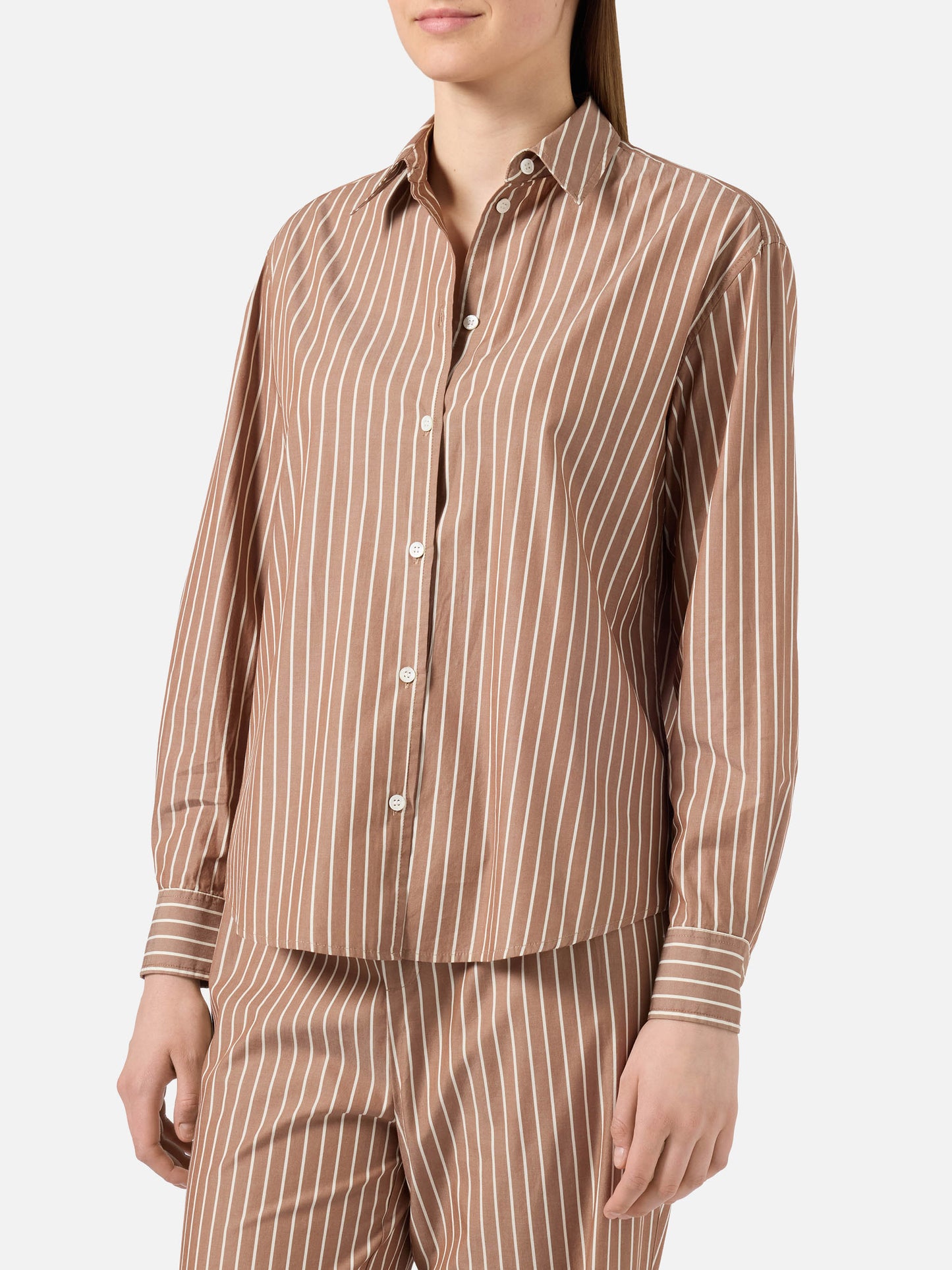 Meredith cotton shirt with brown stripes and Saint Barth embroidery