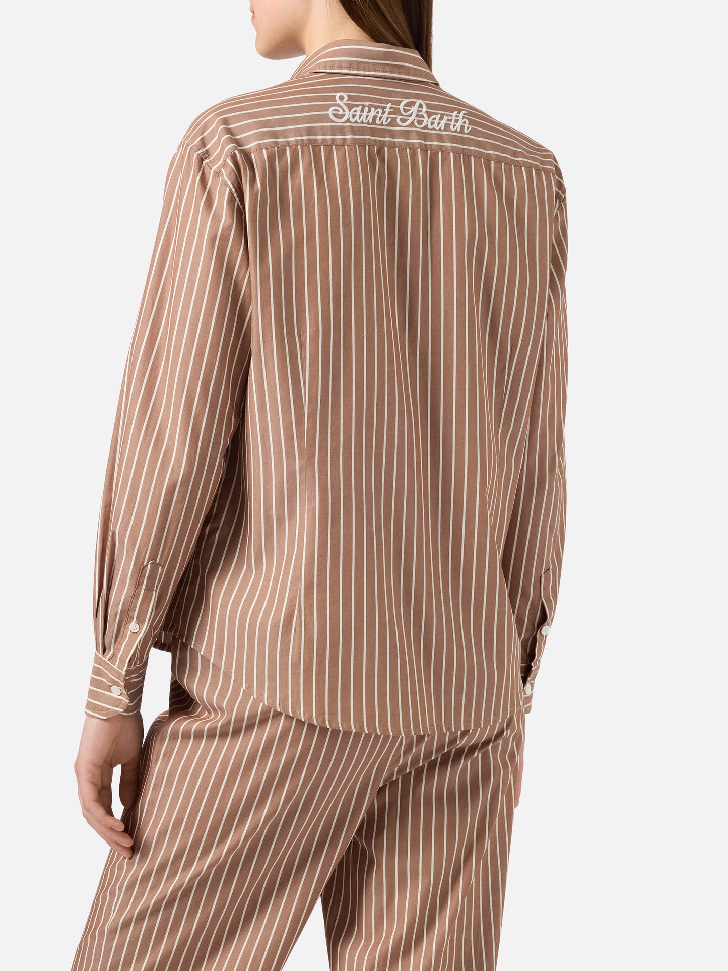 Meredith cotton shirt with brown stripes and Saint Barth embroidery