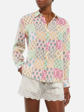Camicia classica in lino Meredith con stampa floreale patch