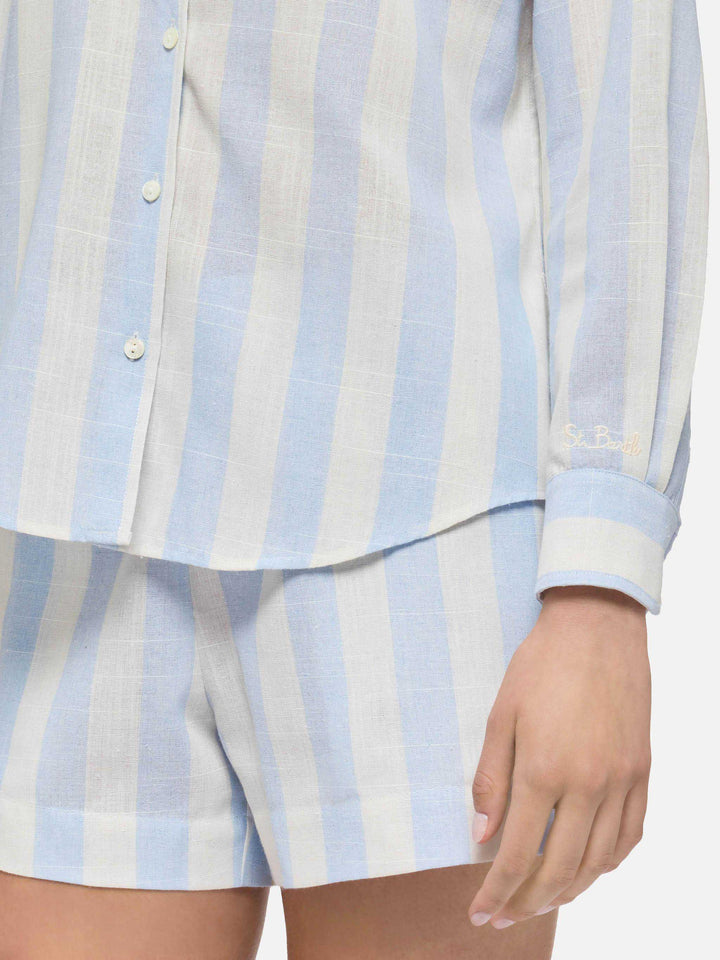 Meredith linen classic shirt with light blue striped print