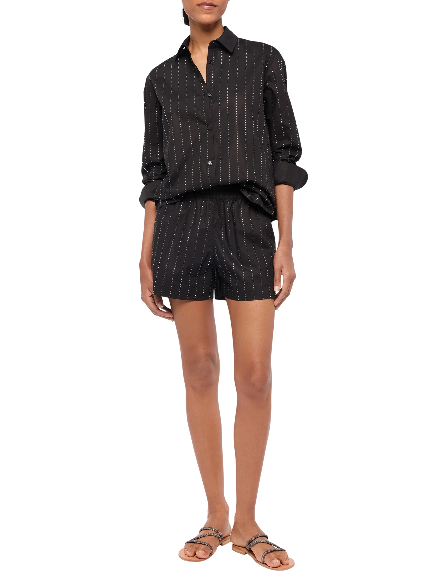Meredith camicia classica in popeline di cotone con applicazioni di strass a righe
