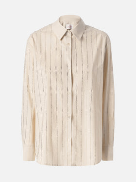 Camicia classica in popeline di cotone Meredith con decorazione rigata in strass