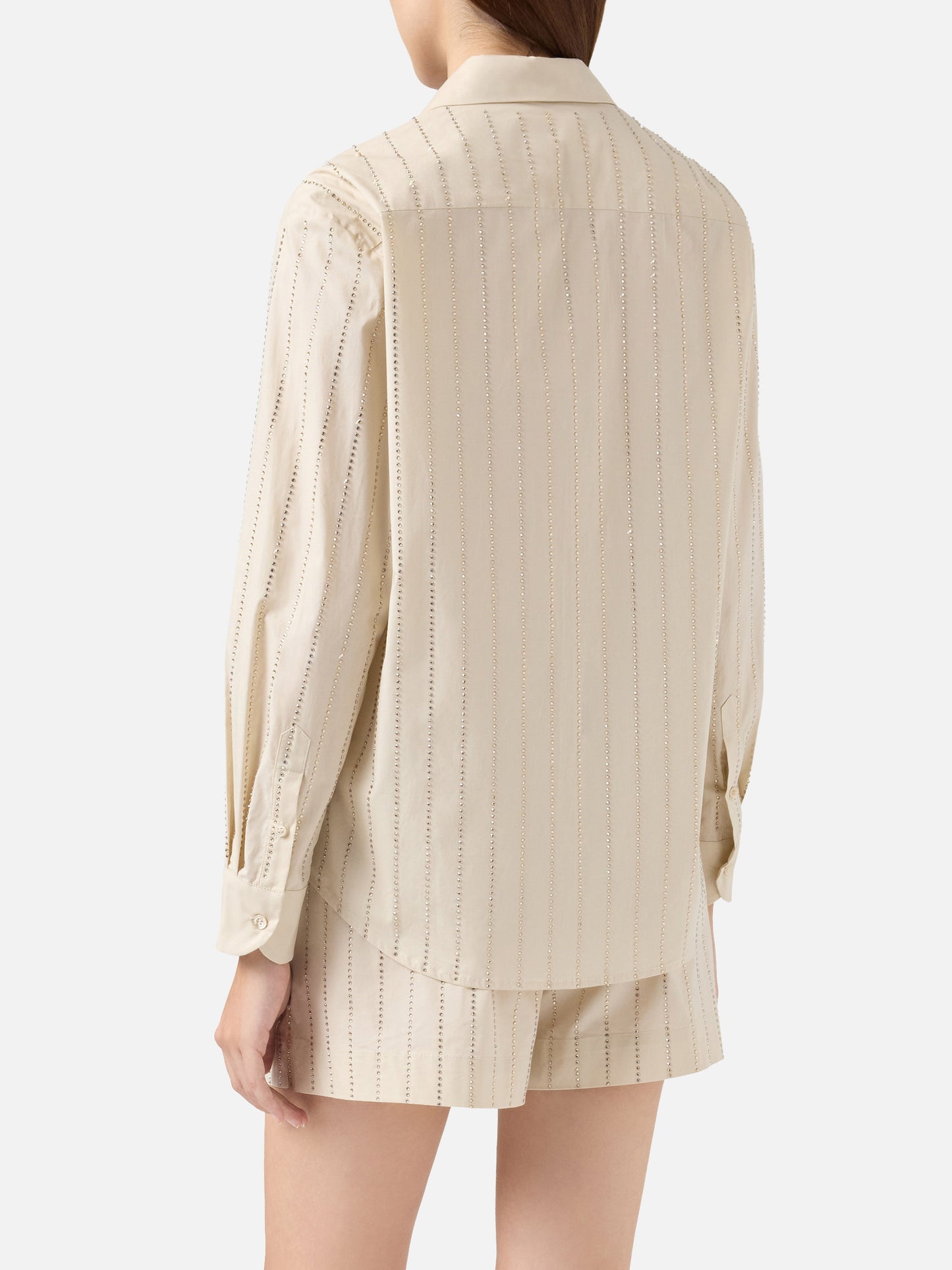 Camicia classica in popeline di cotone Meredith con decorazione rigata in strass