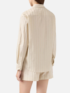 Camicia classica in popeline di cotone Meredith con decorazione rigata in strass