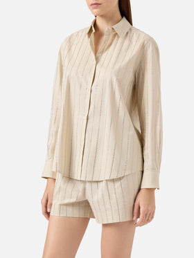 Camicia classica in popeline di cotone Meredith con decorazione rigata in strass