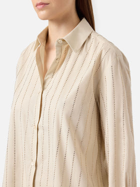 Camicia classica in popeline di cotone Meredith con decorazione rigata in strass