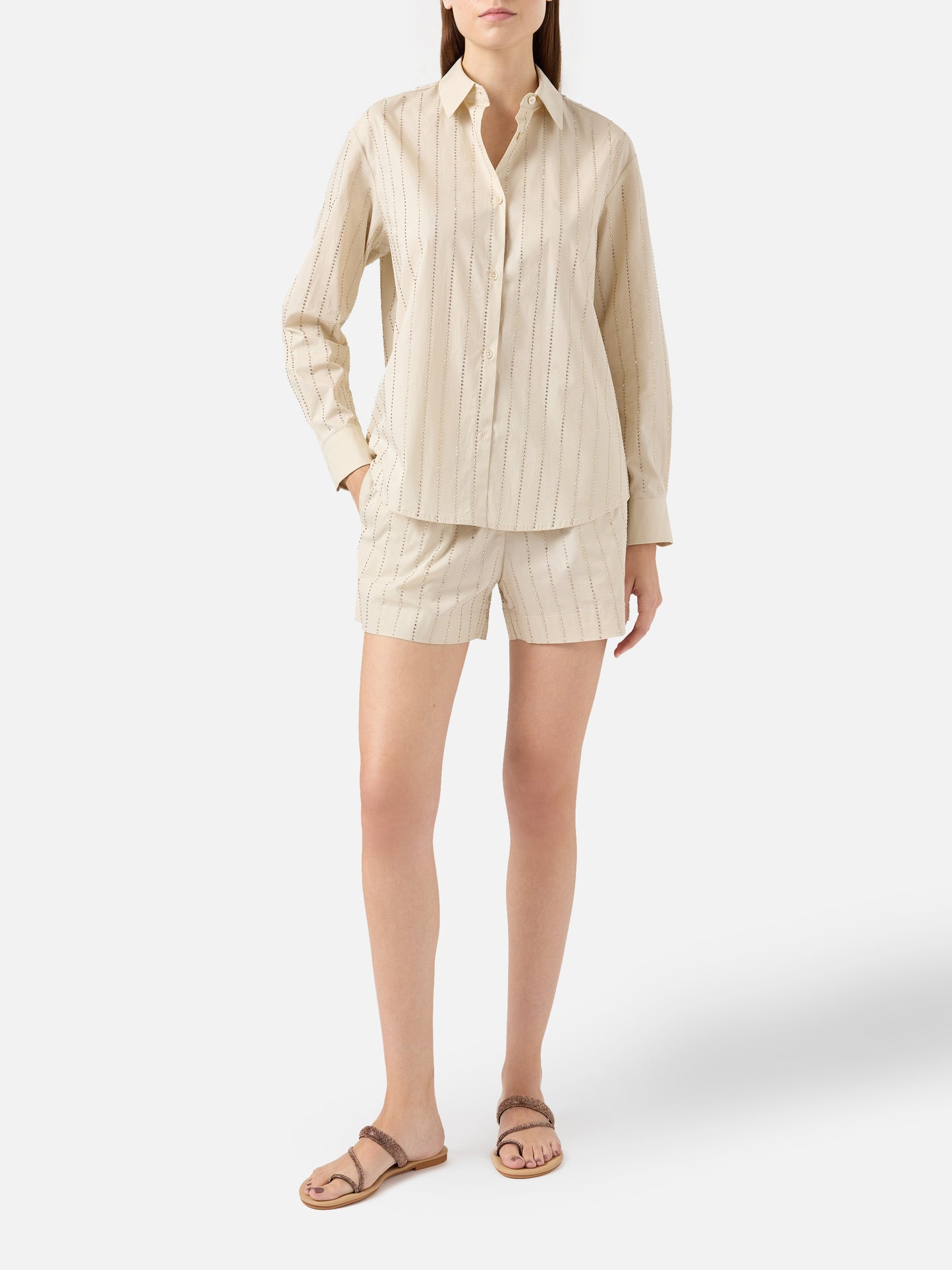 Camicia classica in popeline di cotone Meredith con decorazione rigata in strass