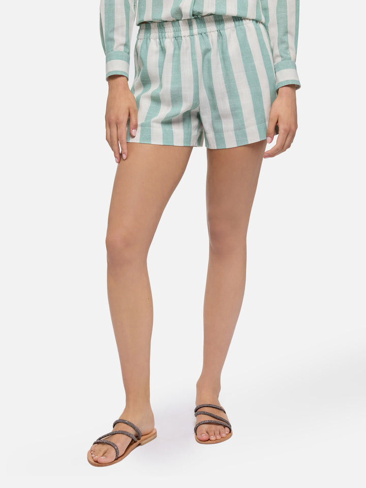 Meave linen pull up shorts with sage green striped print