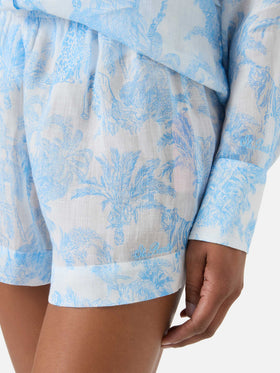 Meave ramie shorts with light blue toile de Jouy print