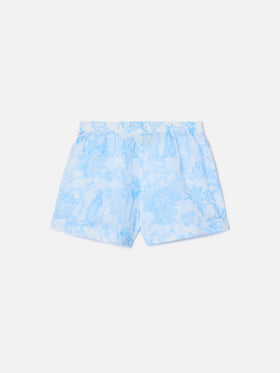 Shorts Meave in ramie con stampa toile de jouy azzurra