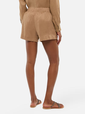 Meave camel brown linen pull up shorts