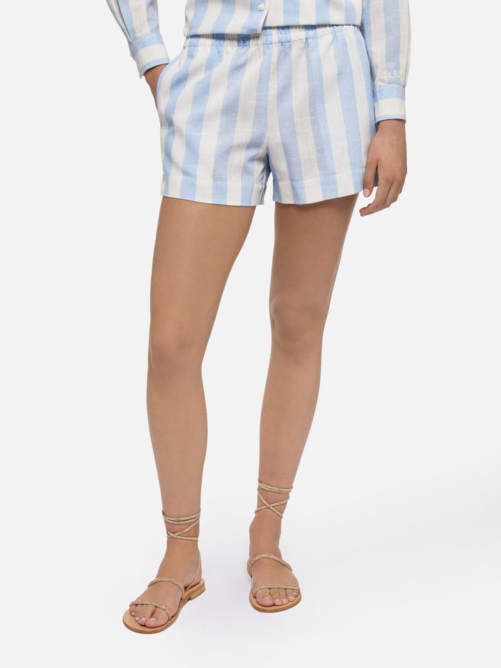 Meave linen pull up shorts with light blue striped print